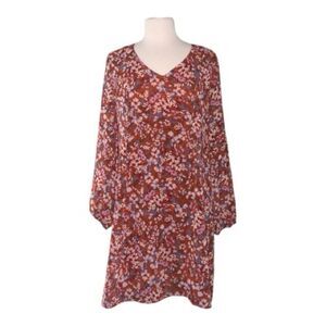 MSK Floral Midi Shift Flowy Dress V Neck Tie Back Sheer Sleeves
